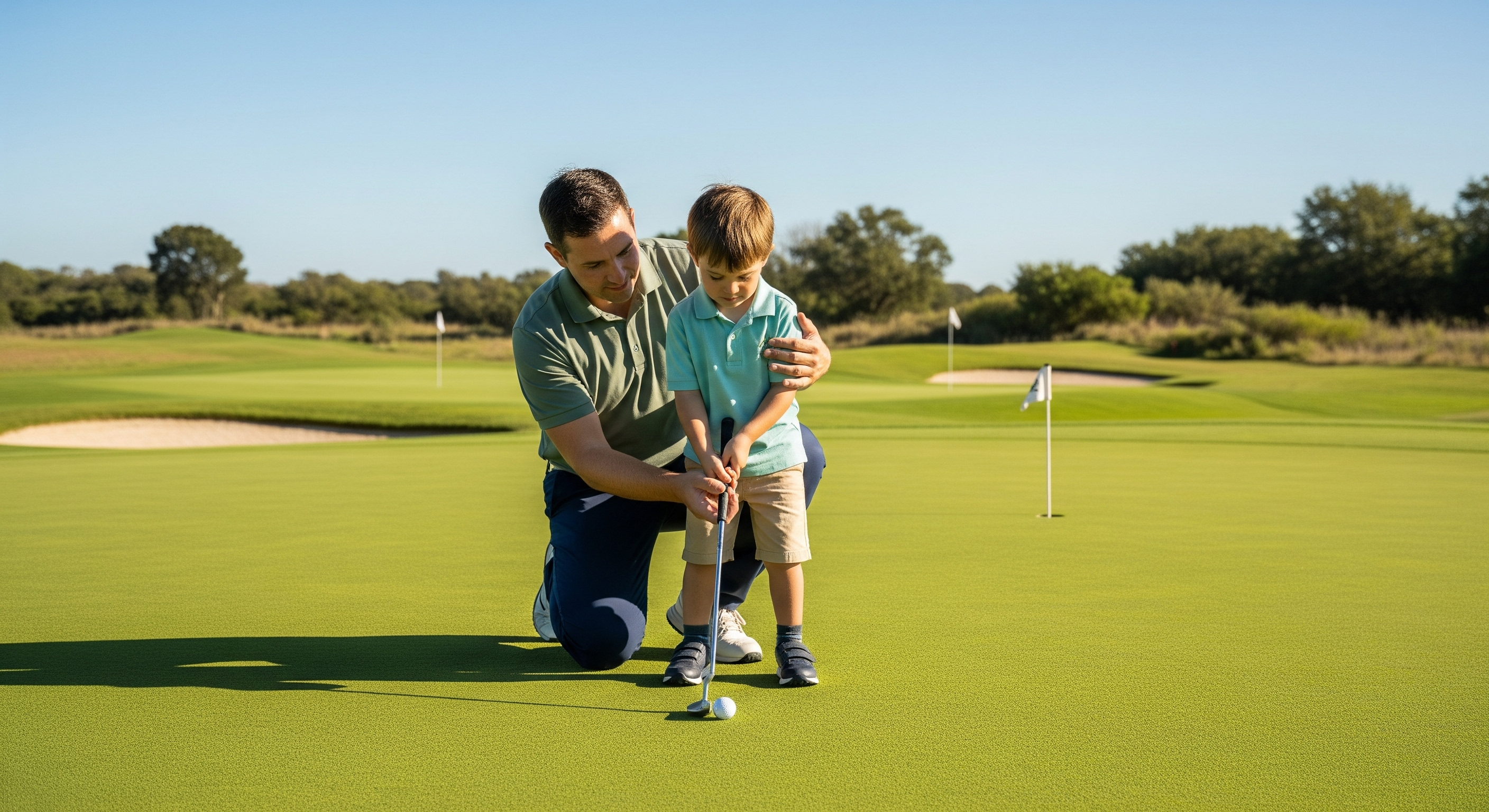 Father teaching his young son how to putt on a golf green.