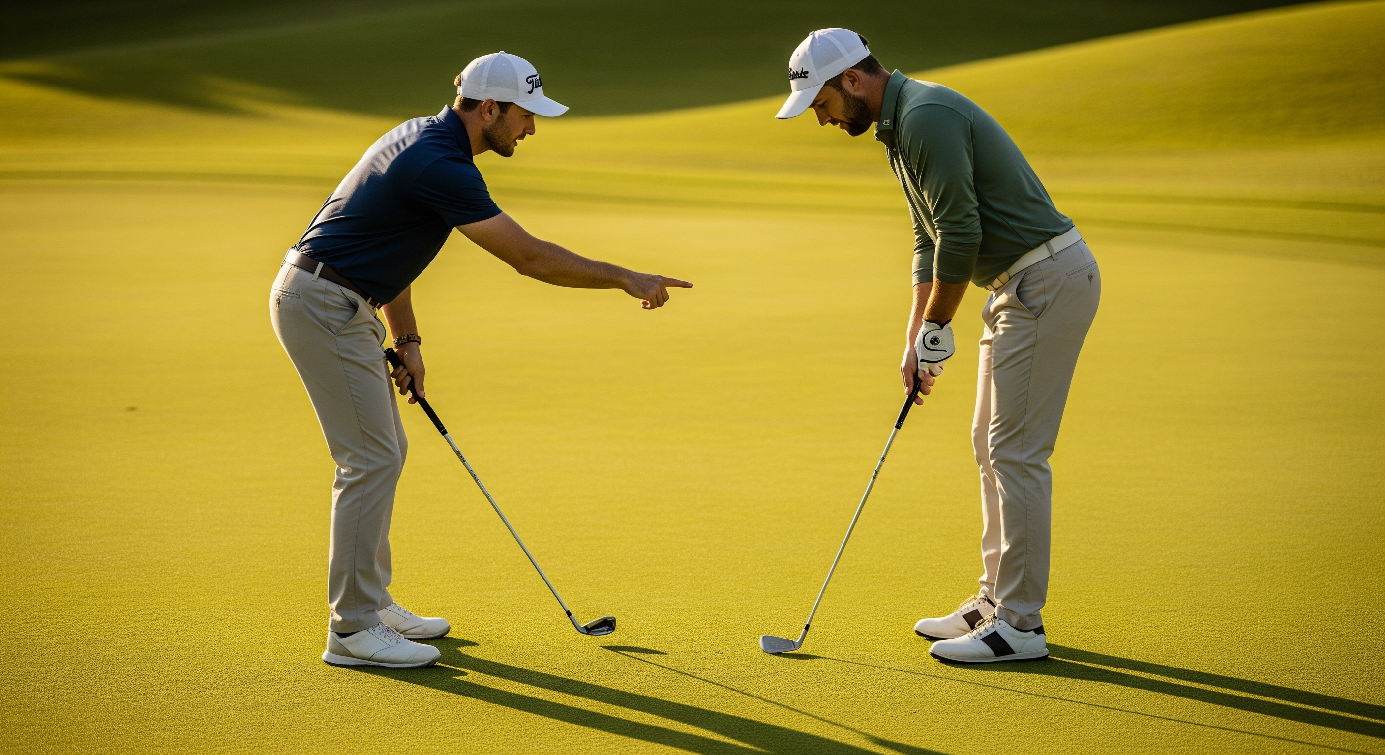 Golf instructor pointing out swing technique to student on the putting green.