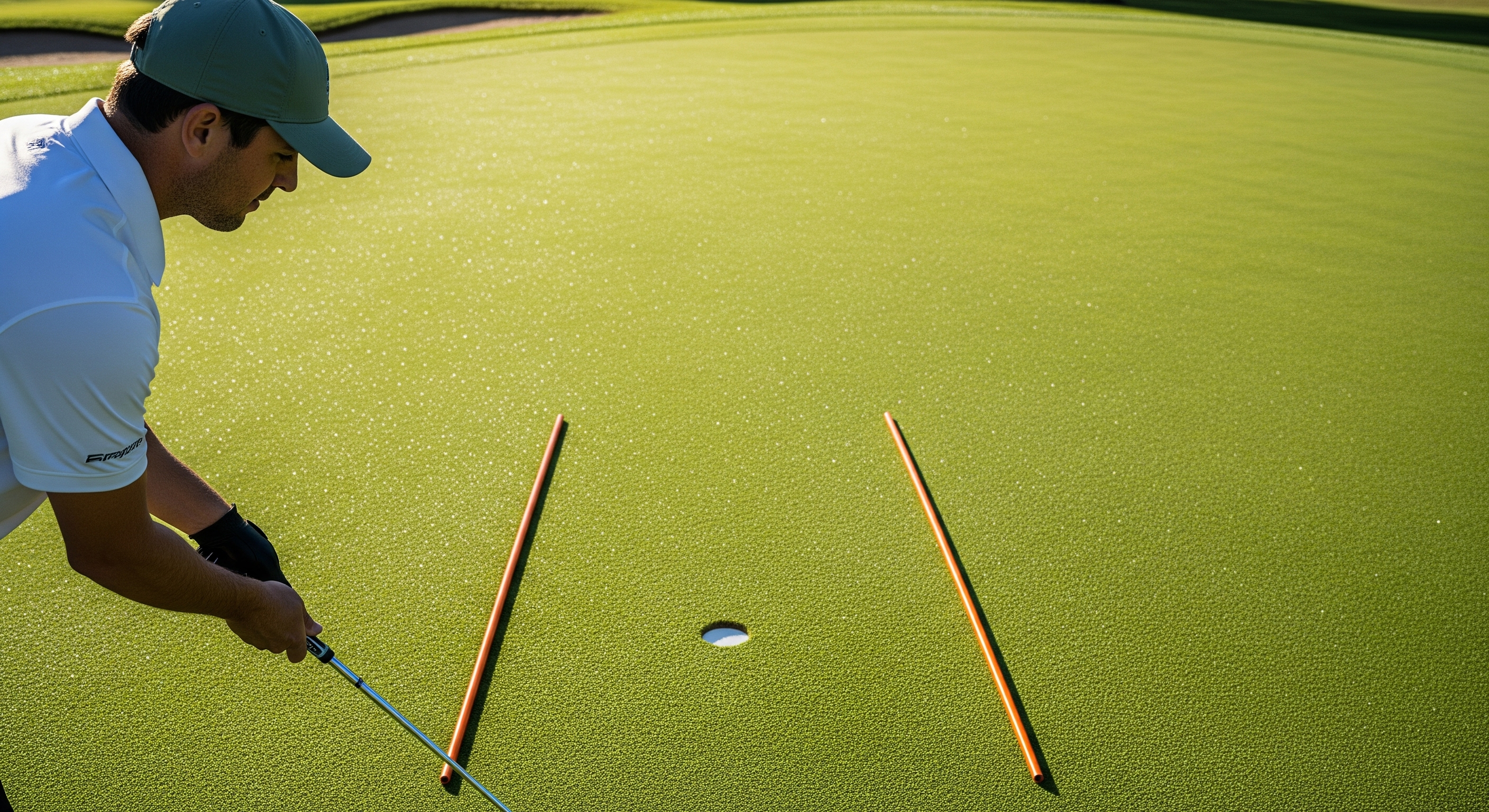 Golfer practicing putting alignment using training sticks on the green.