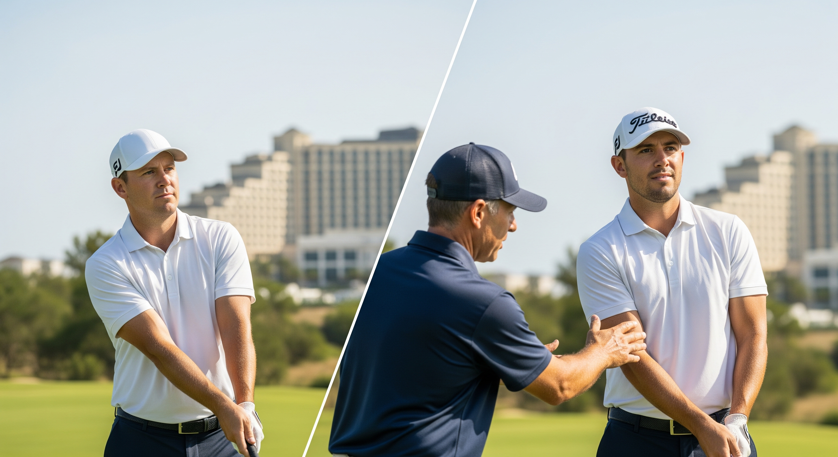 Side-by-side images of a golf student receiving swing correction tips from an instructor.