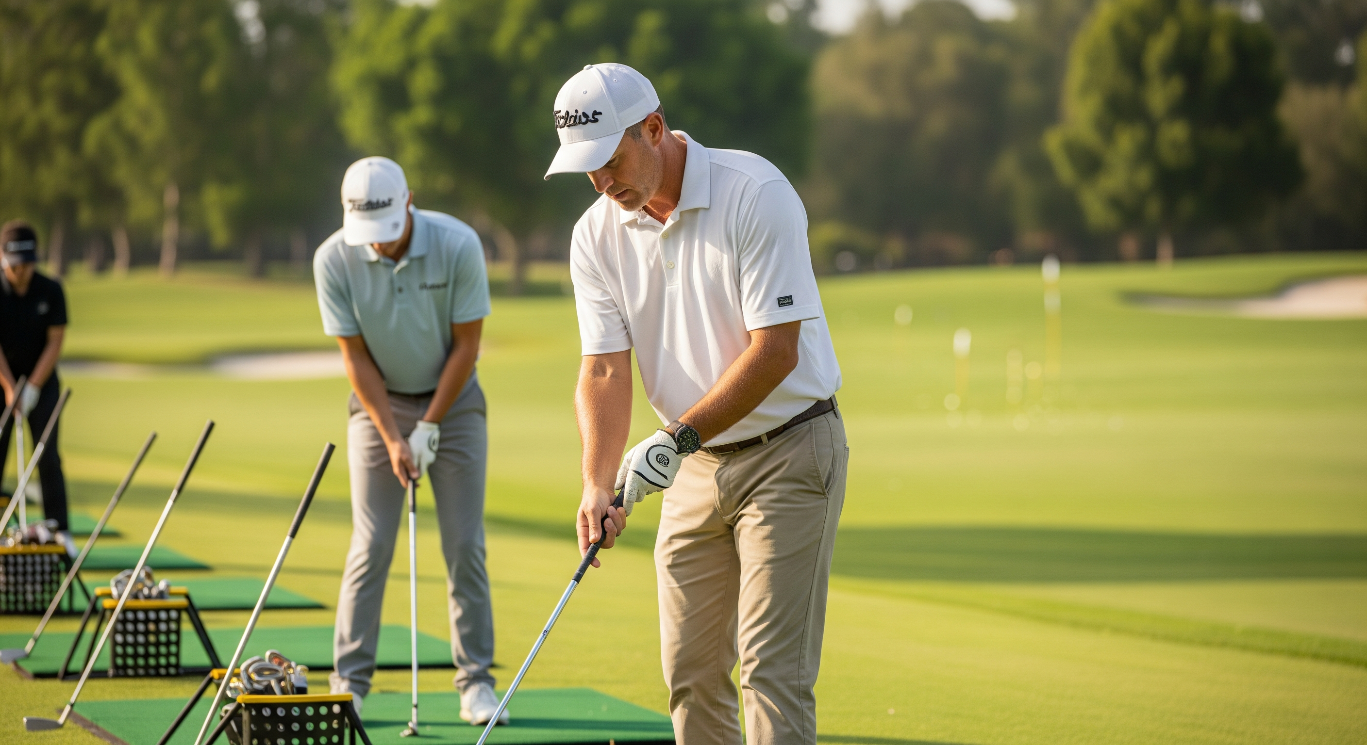 Golf instructor teaching players how to grip and swing at a driving range during a group lesson.