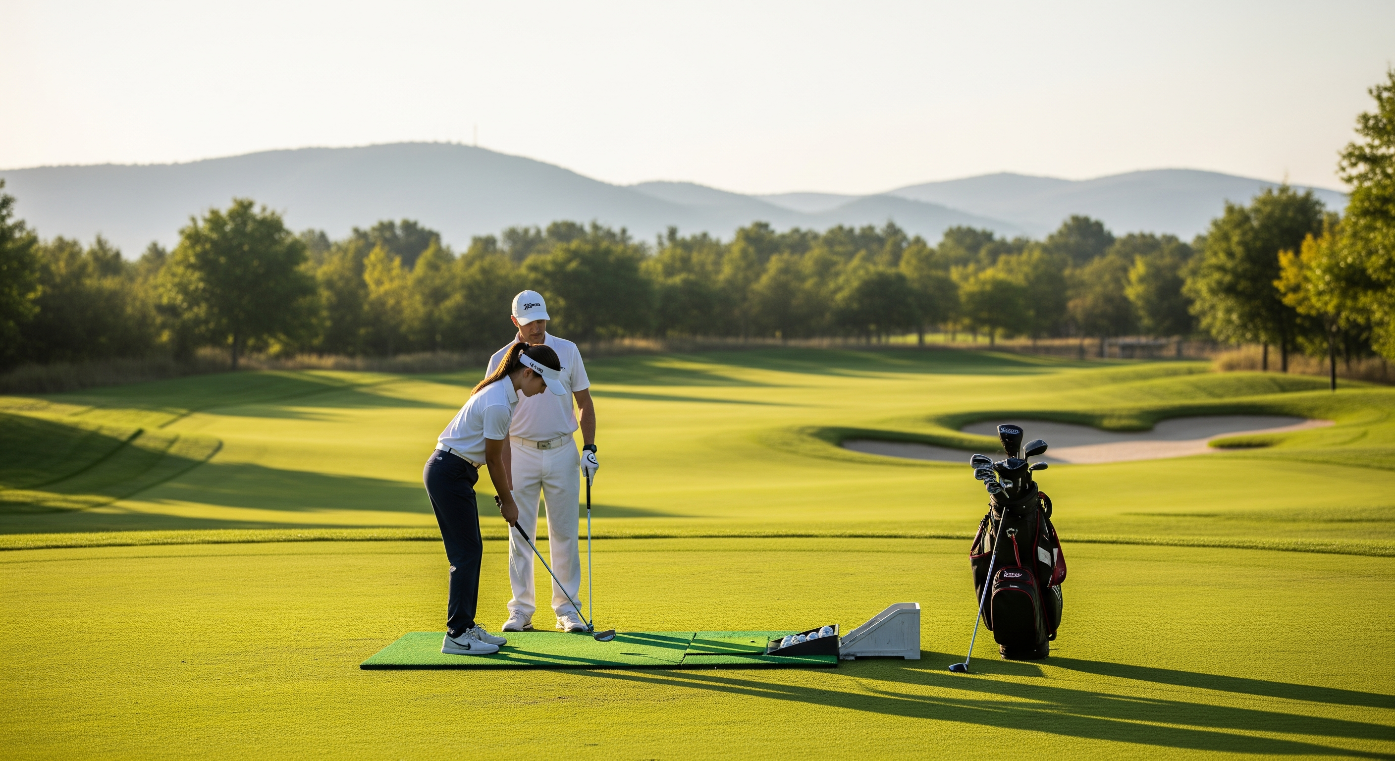 Golf coach assisting a student with swing form on a practice mat on the course.