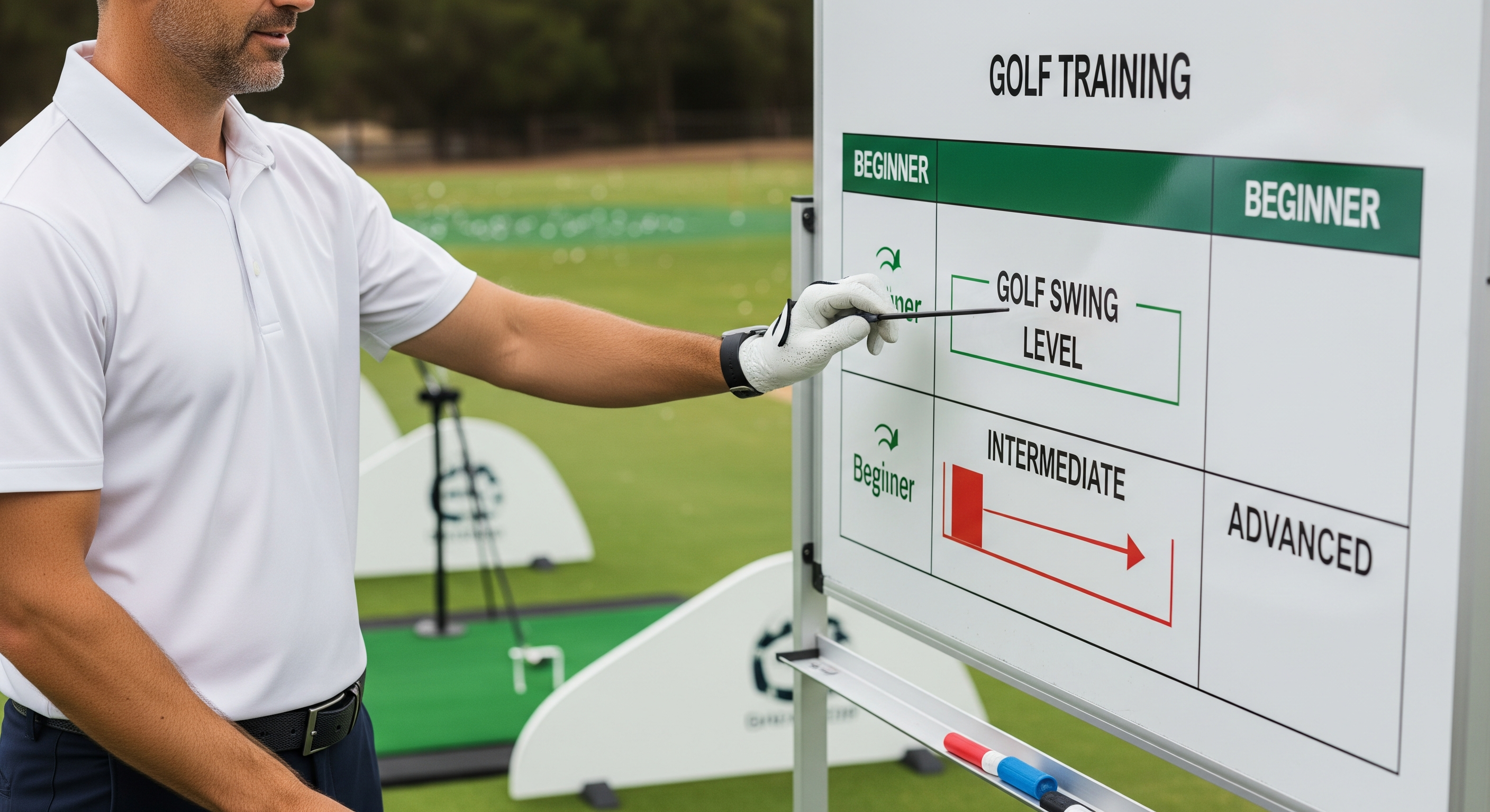 Instructor pointing at a golf training progress chart showing beginner to advanced swing levels.