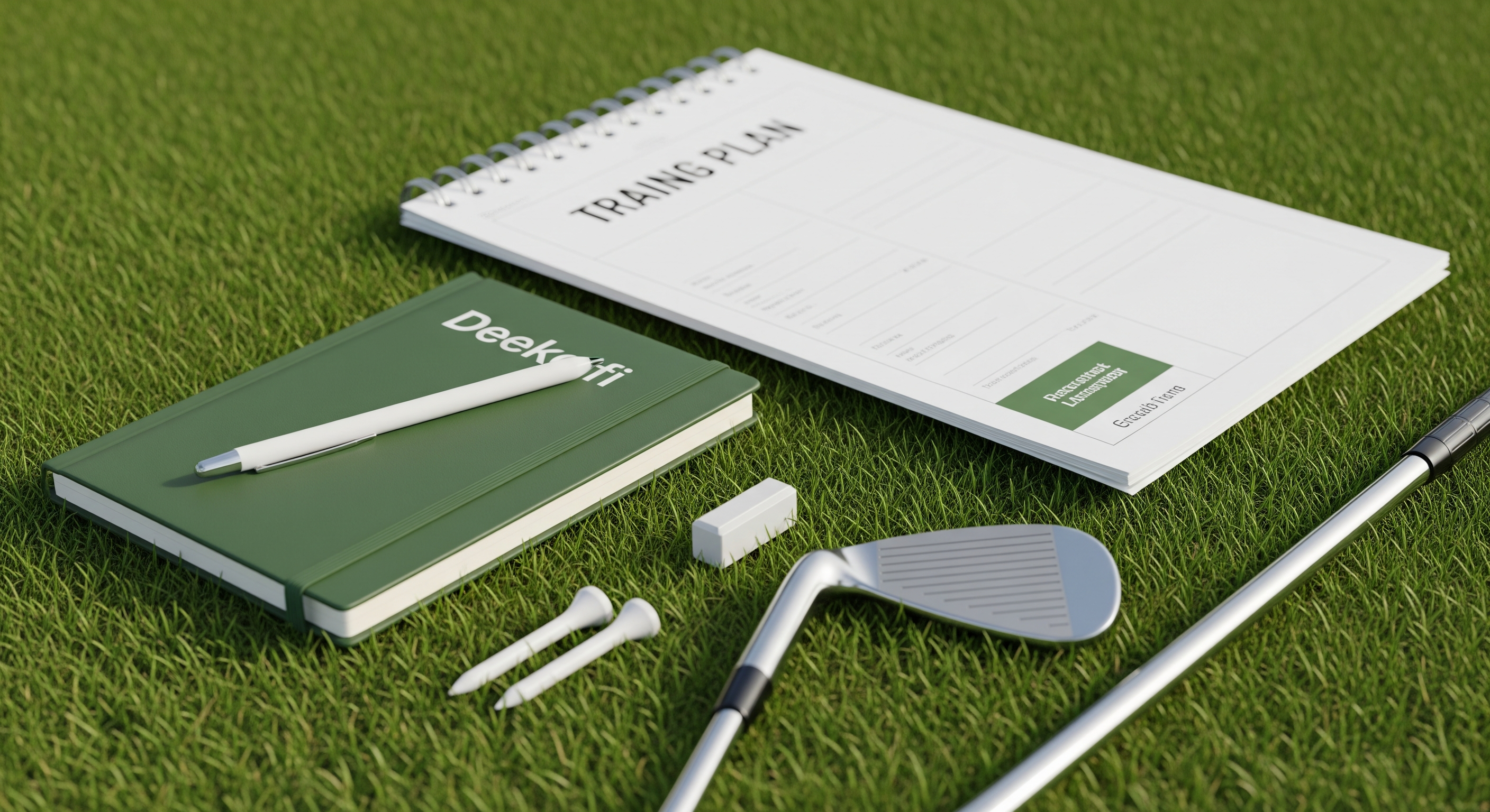 Golf training notebooks, tees, and a wedge laid out on grass.