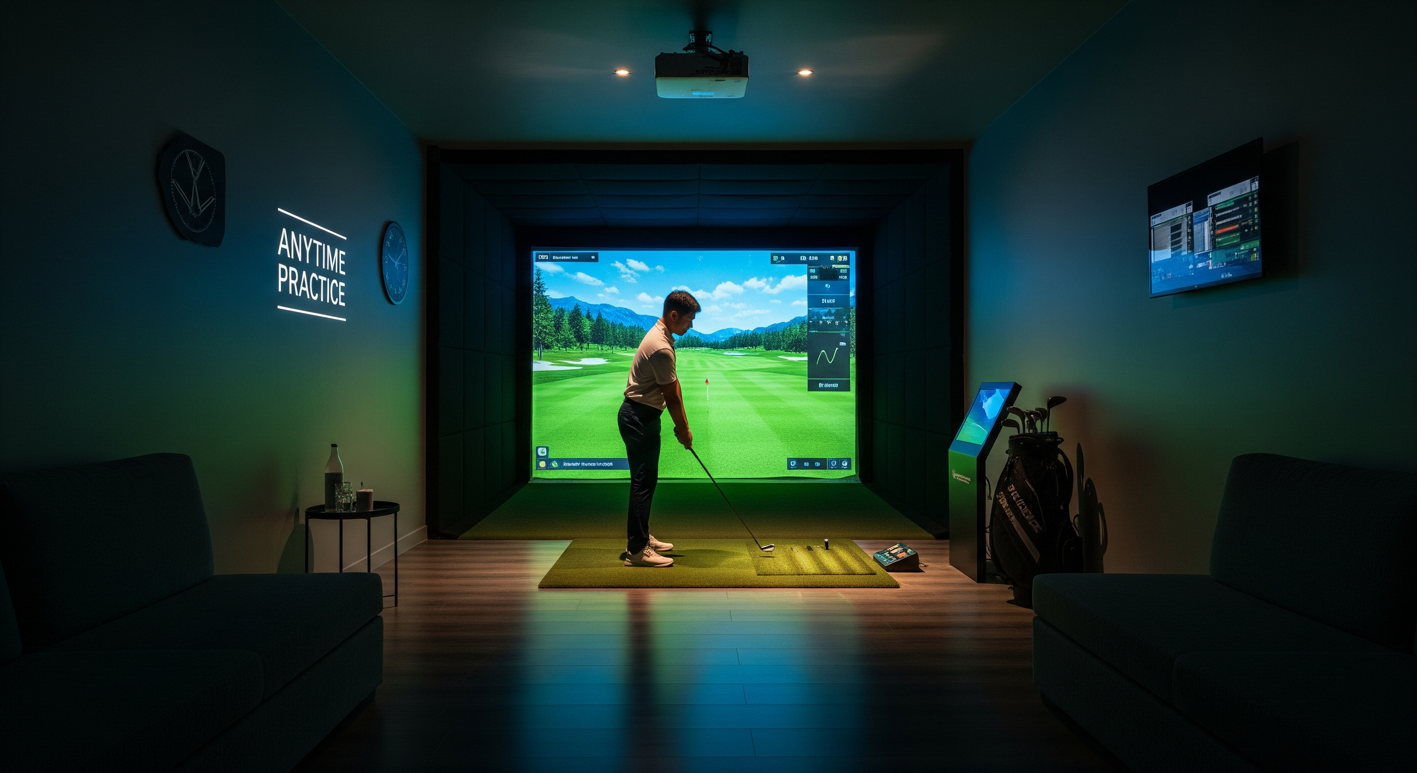 Golfer practicing on an indoor golf simulator in a dedicated training room.