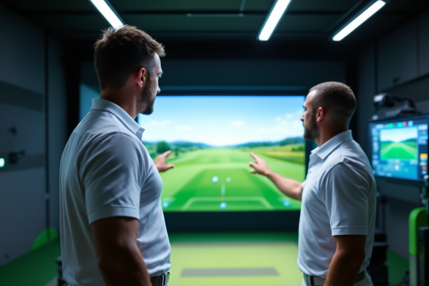 Two golfers analyzing swing data on a high-tech indoor golf simulator.