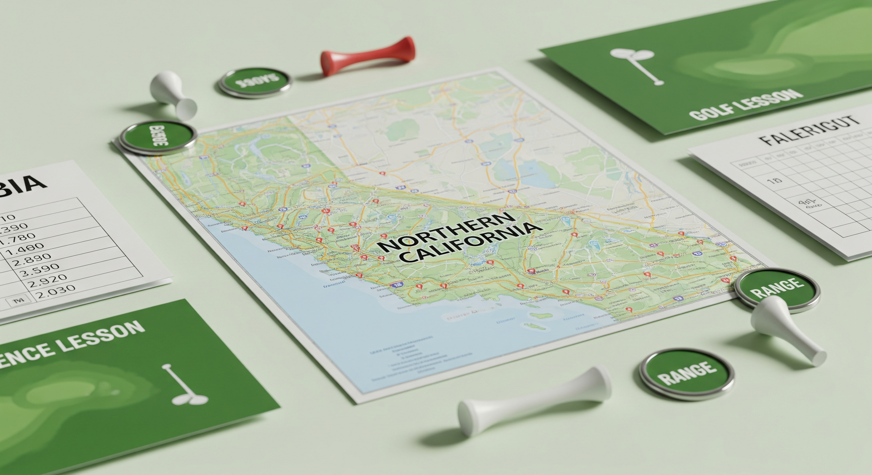 Map of Northern California surrounded by golf lesson and range markers.