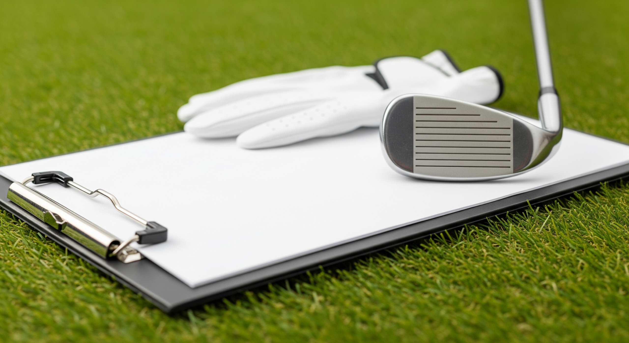 Golf glove, club, and clipboard resting on green turf.