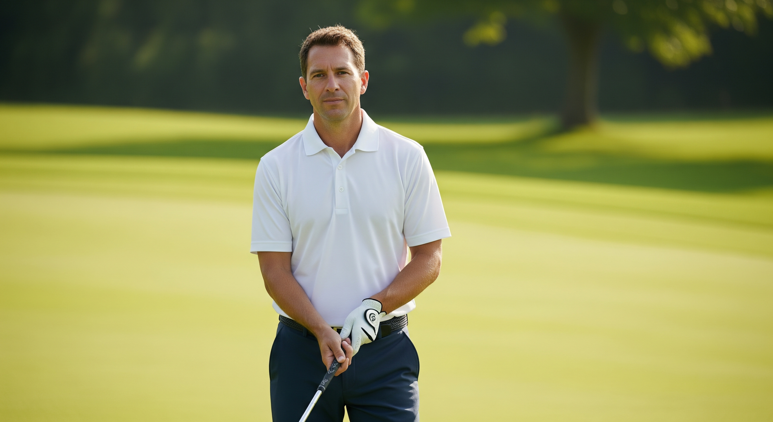 Golf instructor standing on a sunny green course holding a club.