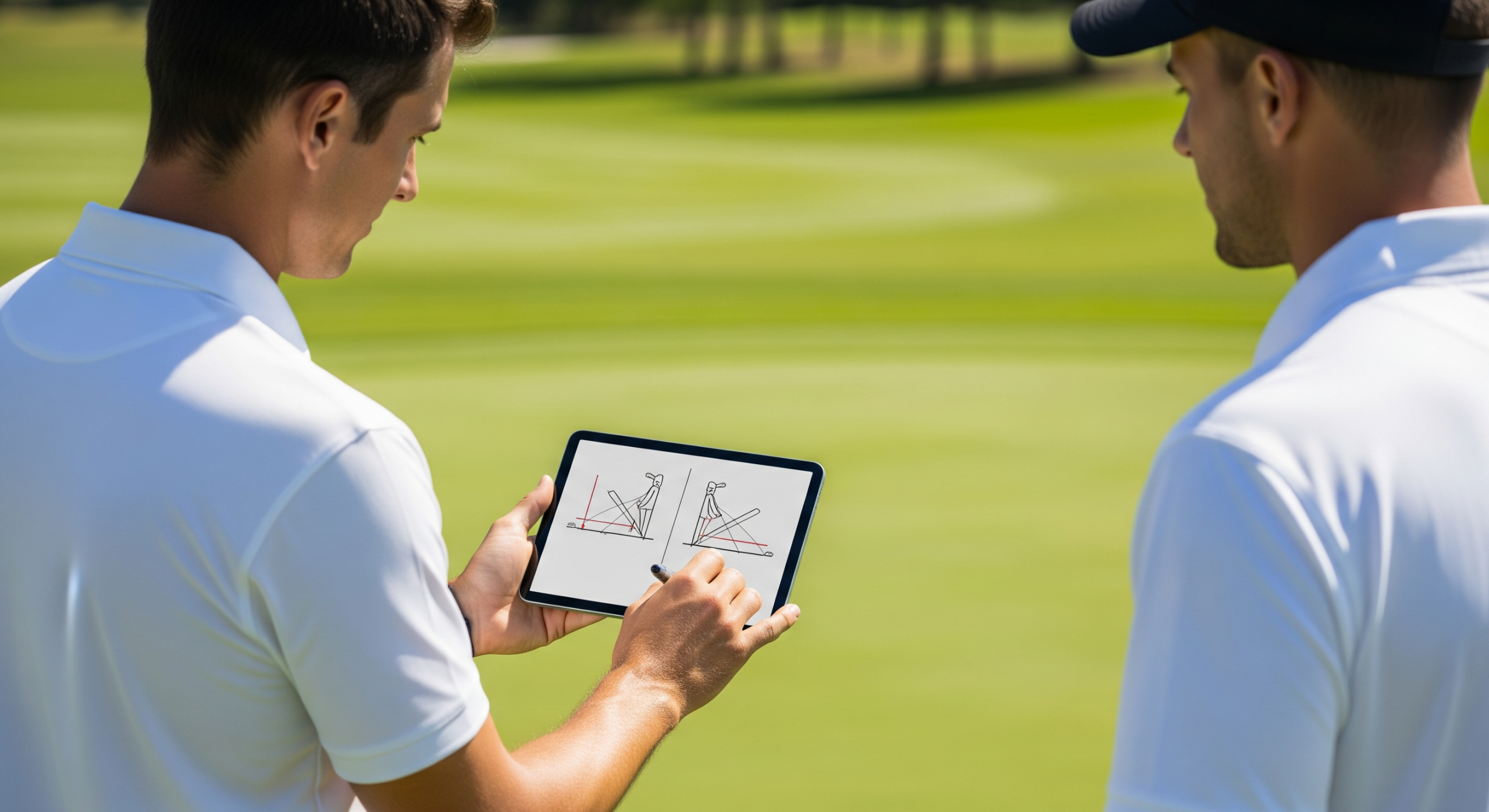 Golf instructor showing swing diagrams on a tablet.