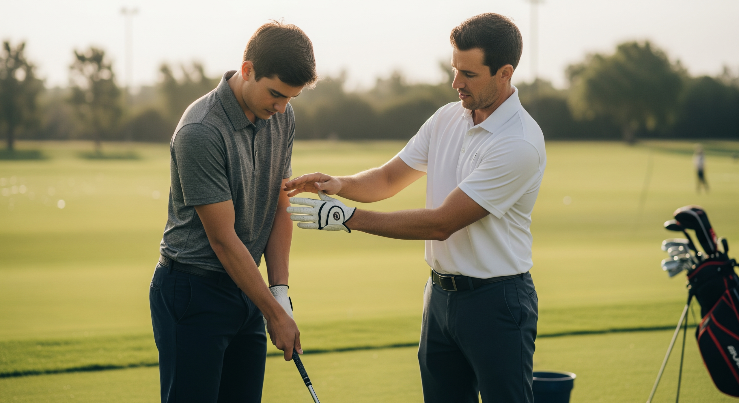 Golf instructor guiding a student on proper stance and grip.