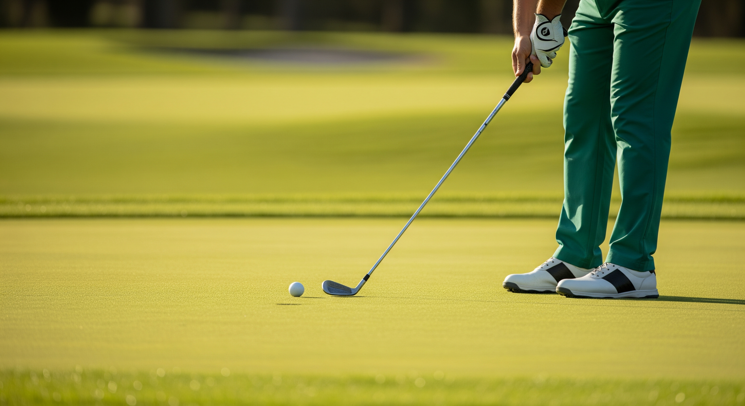 Golfer addressing a ball before a putting stroke.