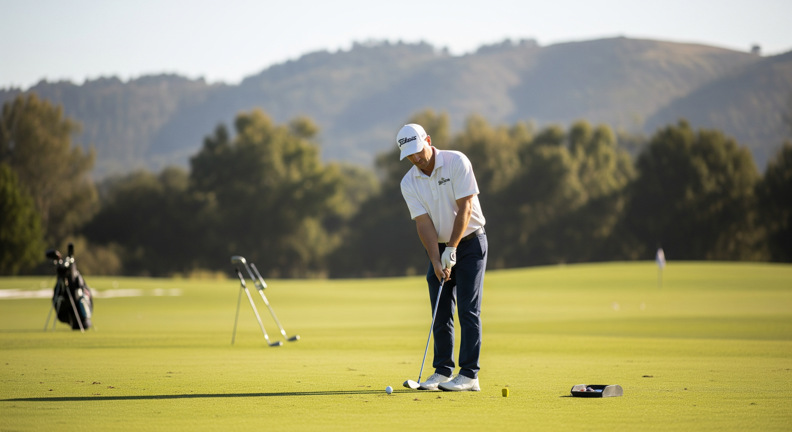 Golfer practicing a putting stroke on a sunny practice green.