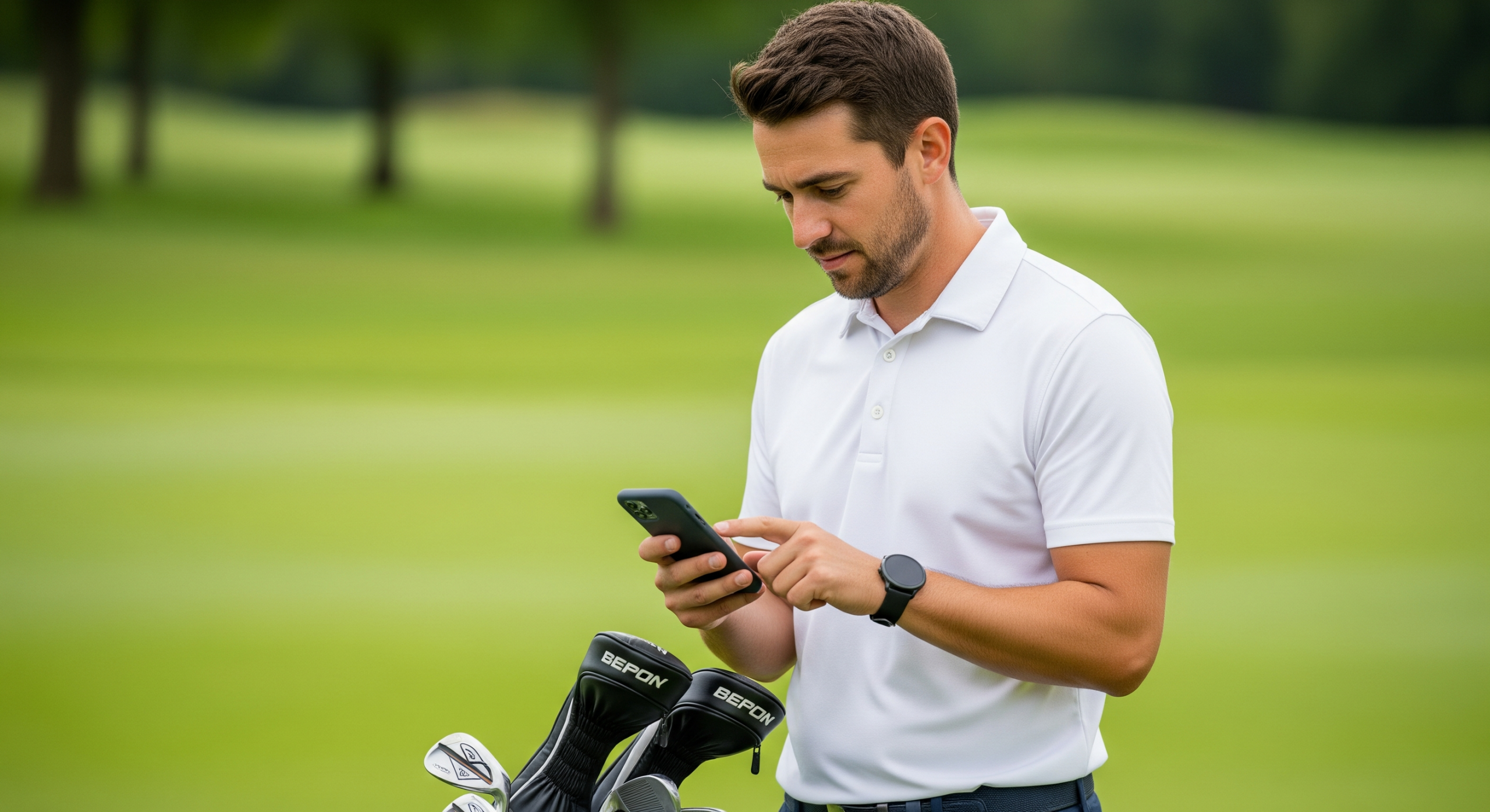 Golfer checking his phone beside a golf bag on the course.