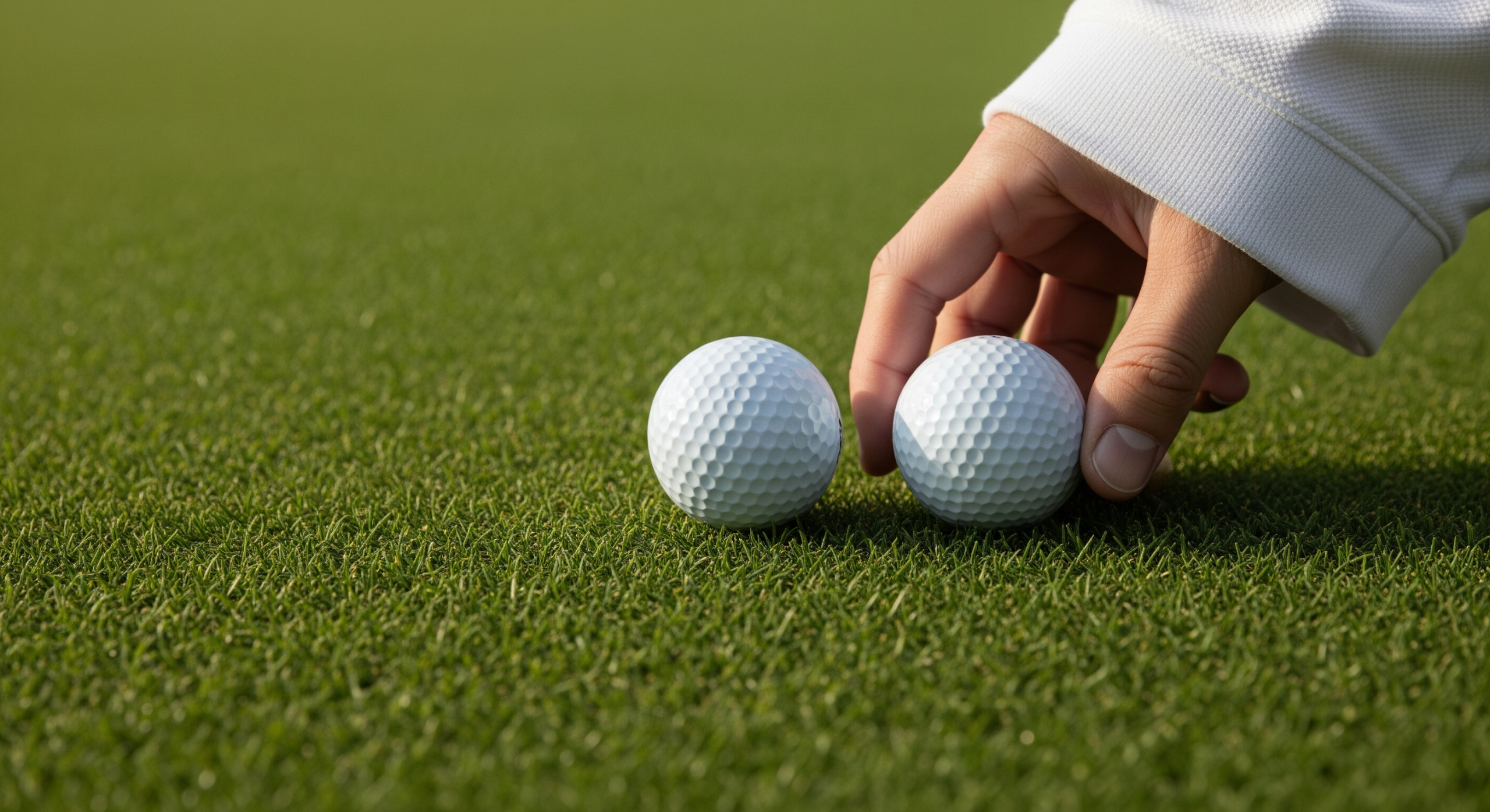 Golfer placing two golf balls onto green turf.