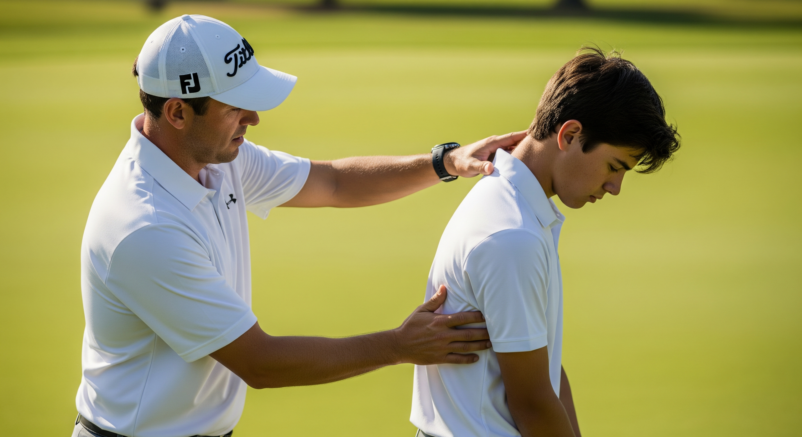 Golf instructor adjusting a student’s posture on the course.