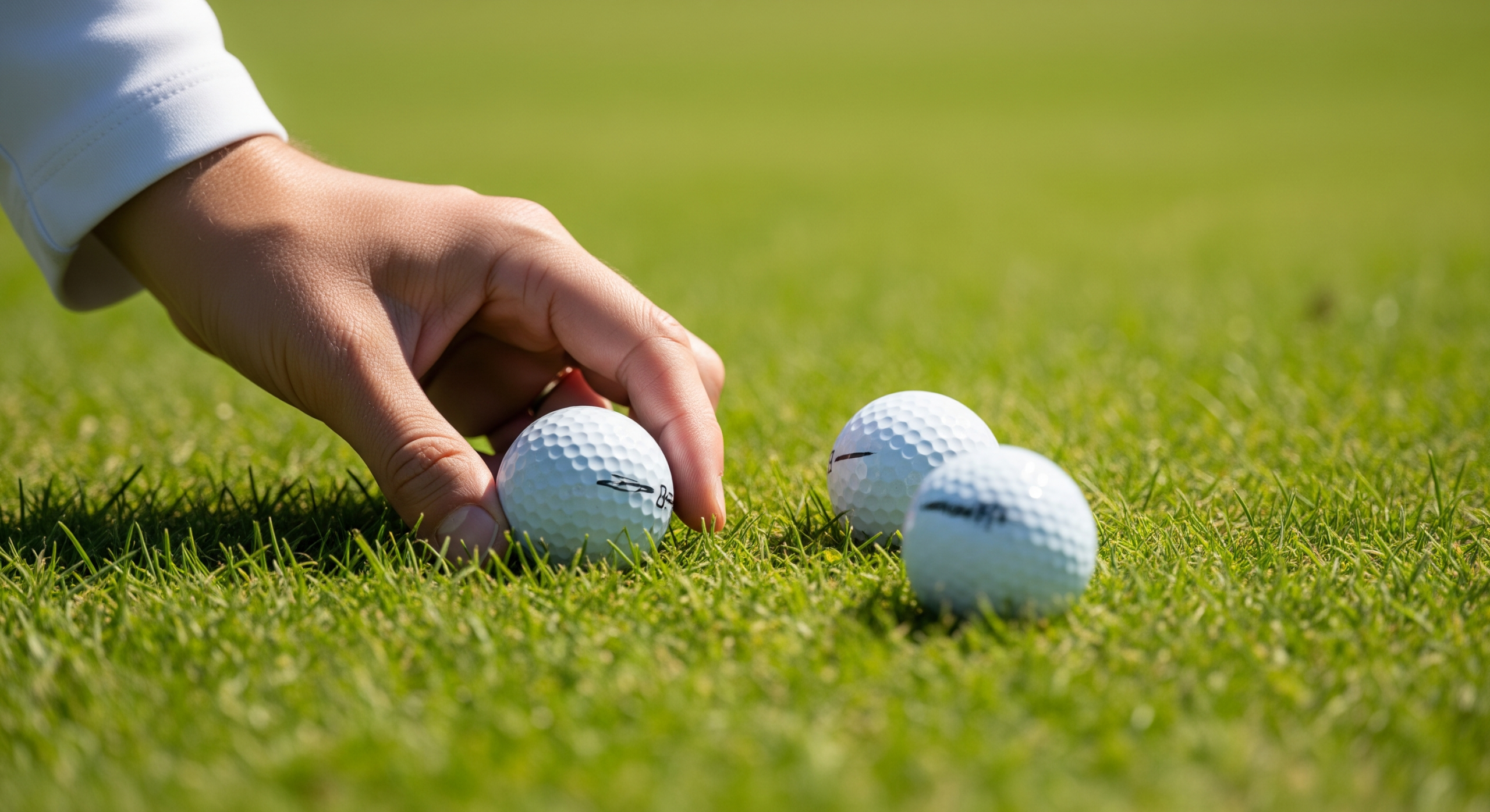 Close-up of a golfer placing a golf ball on the grass for proper setup.