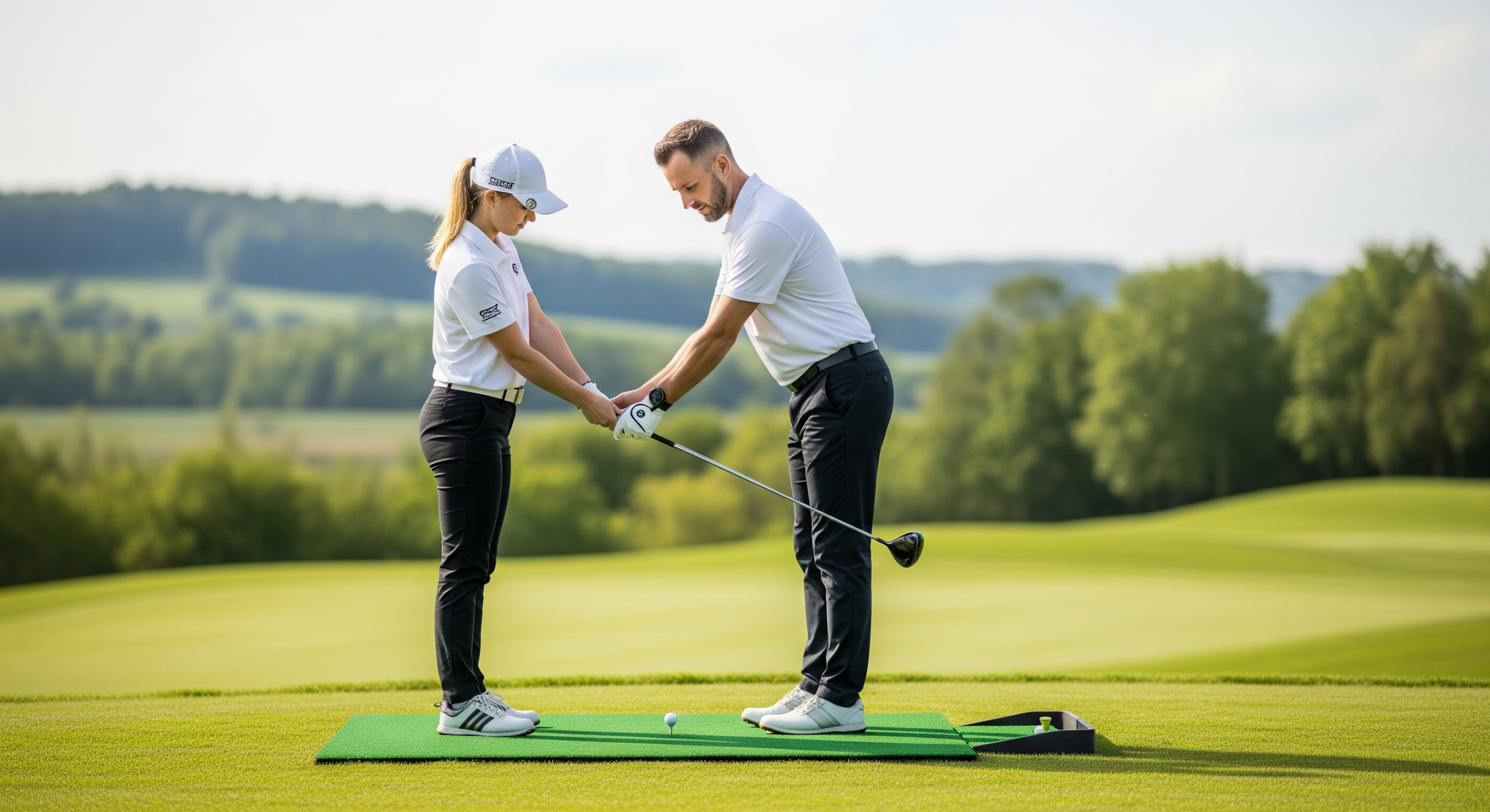 Golf instructor adjusting a student’s grip during a one-on-one lesson.
