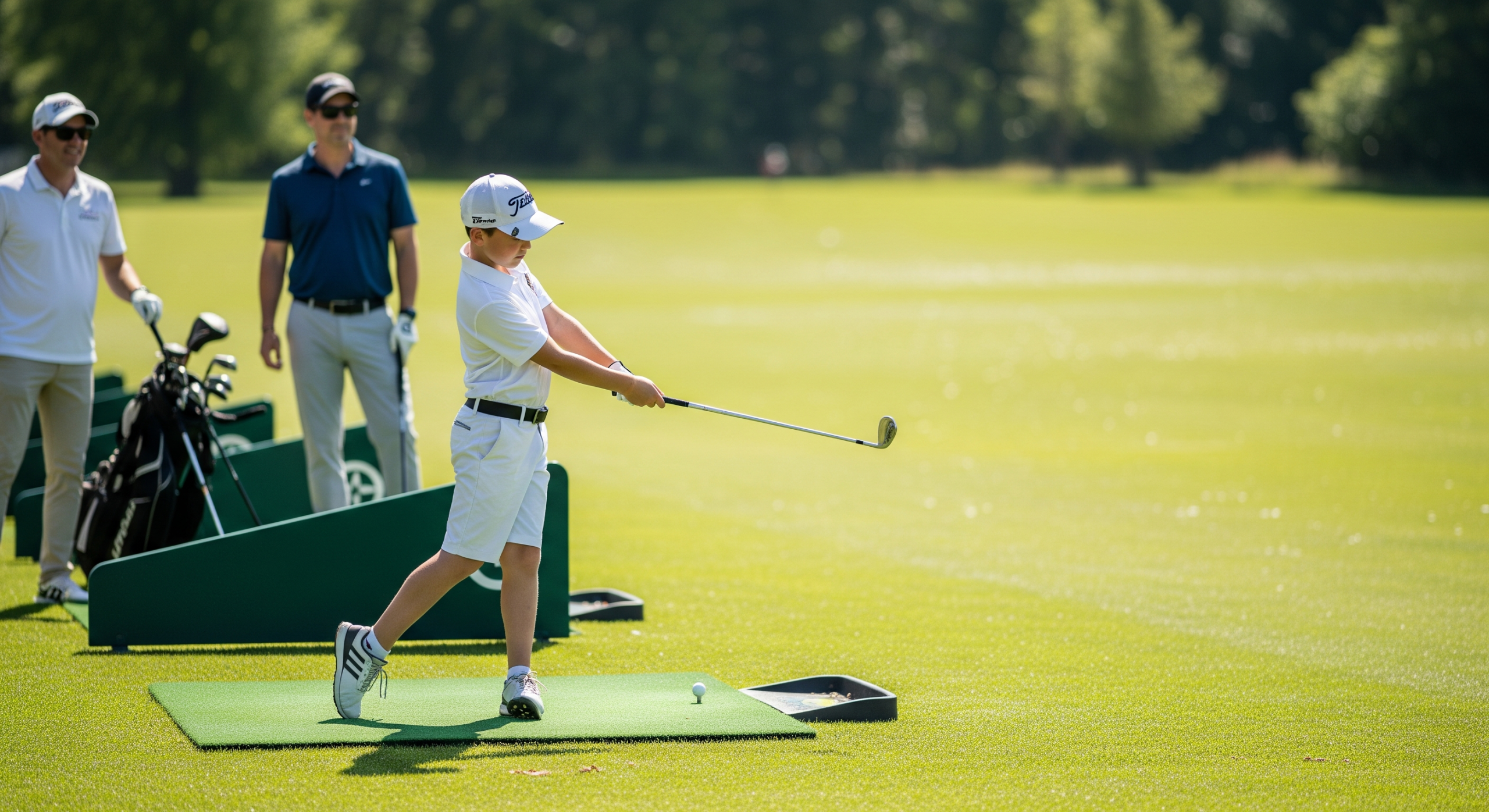 Junior golfer hitting an iron shot during a supervised golf lesson at a driving range.