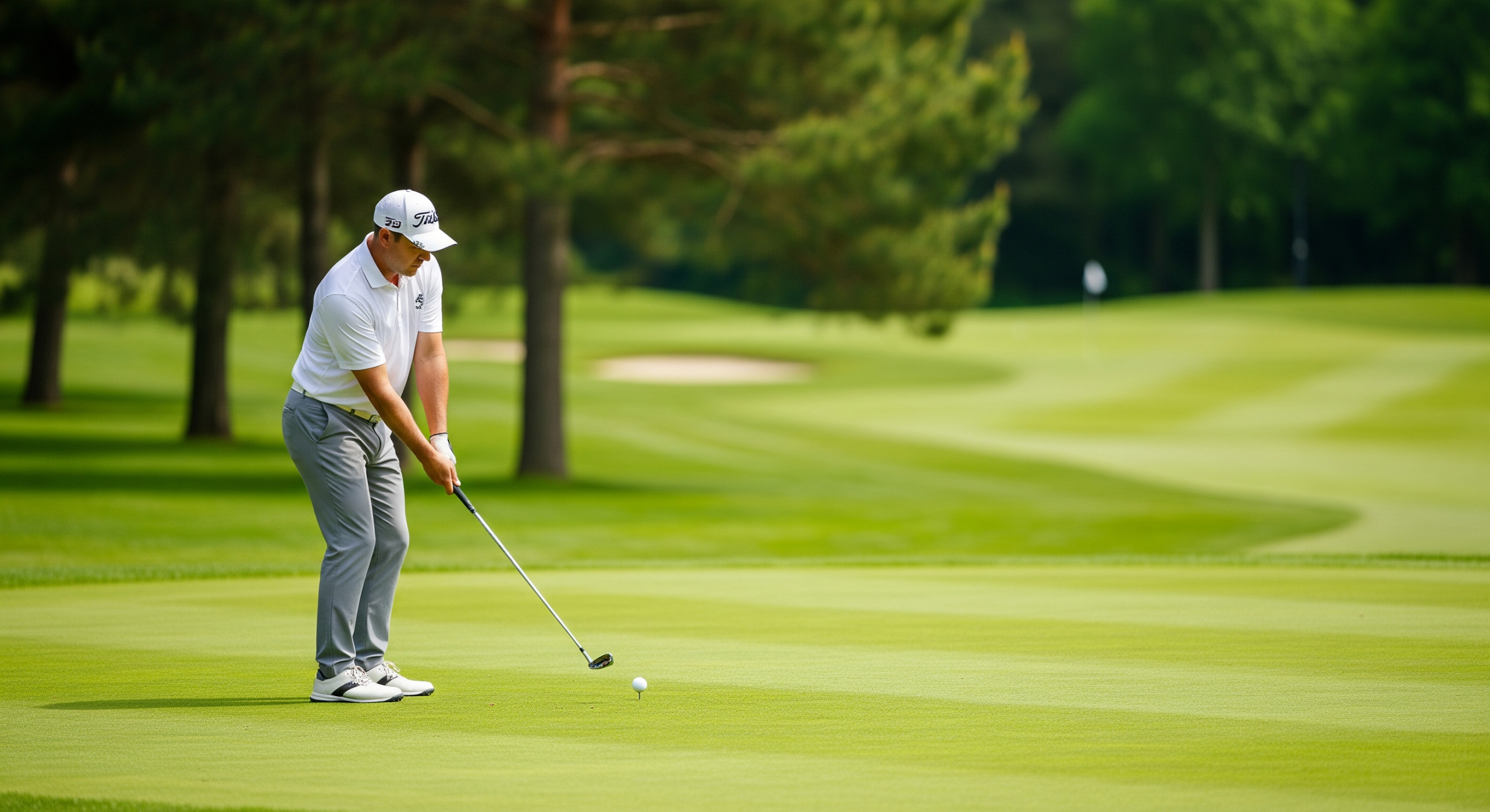 Adult golfer practicing putting fundamentals on a well-manicured green in Northern California.