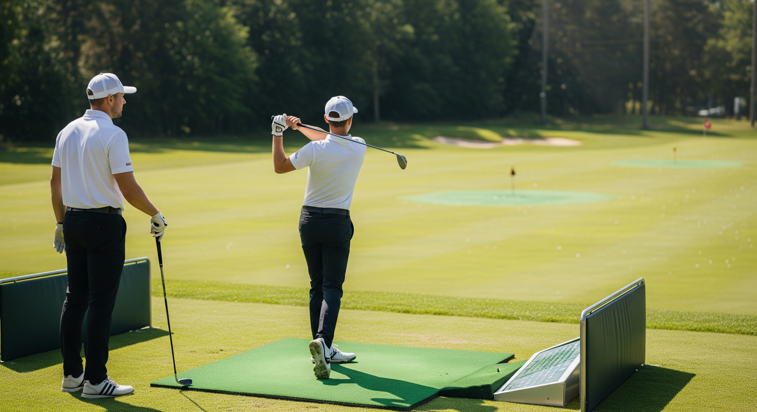 Golf instructor observing a student’s swing at a practice range.