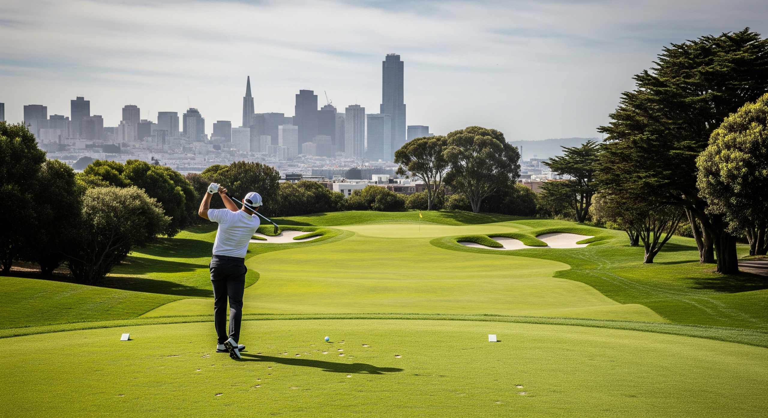 Golfer teeing off on a Northern California course with the San Francisco skyline in the background.