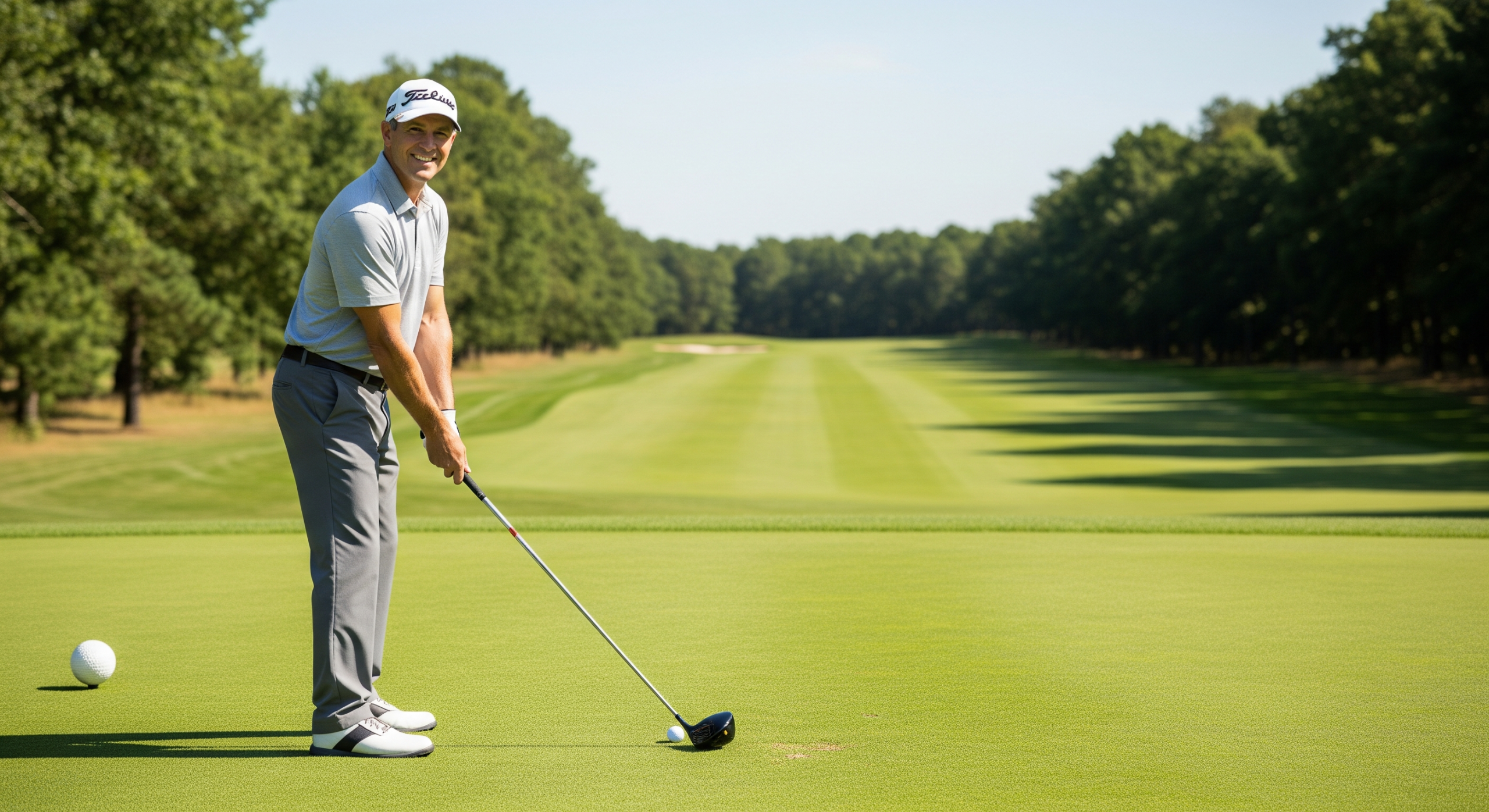 Golfer setting up for a drive during professional golf lesson