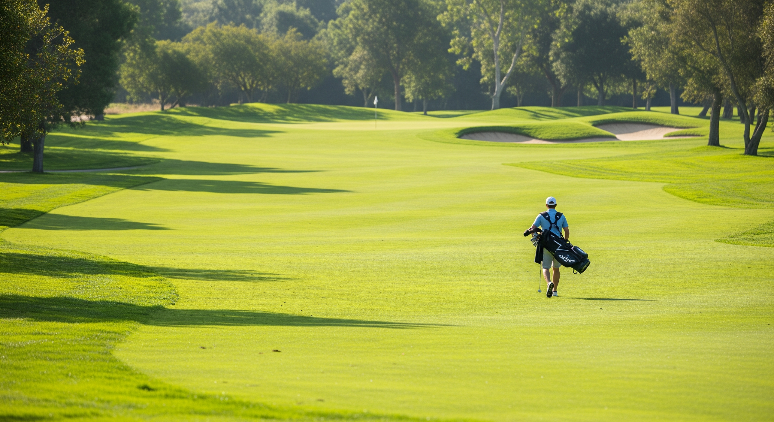 Golfer walking down fairway carrying golf bag during practice round