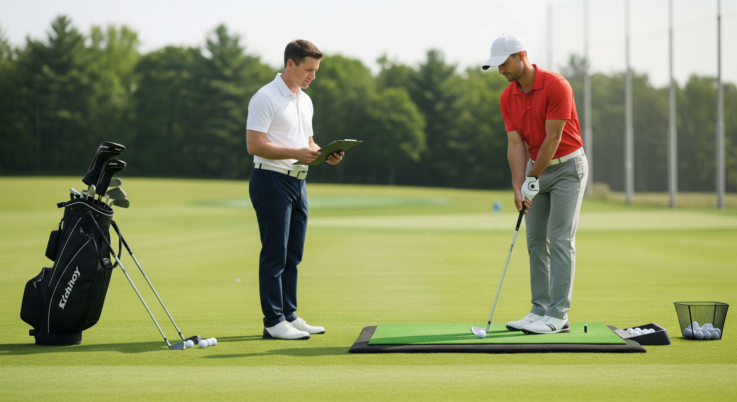 Golf instructor reviewing notes while student practices short game shot