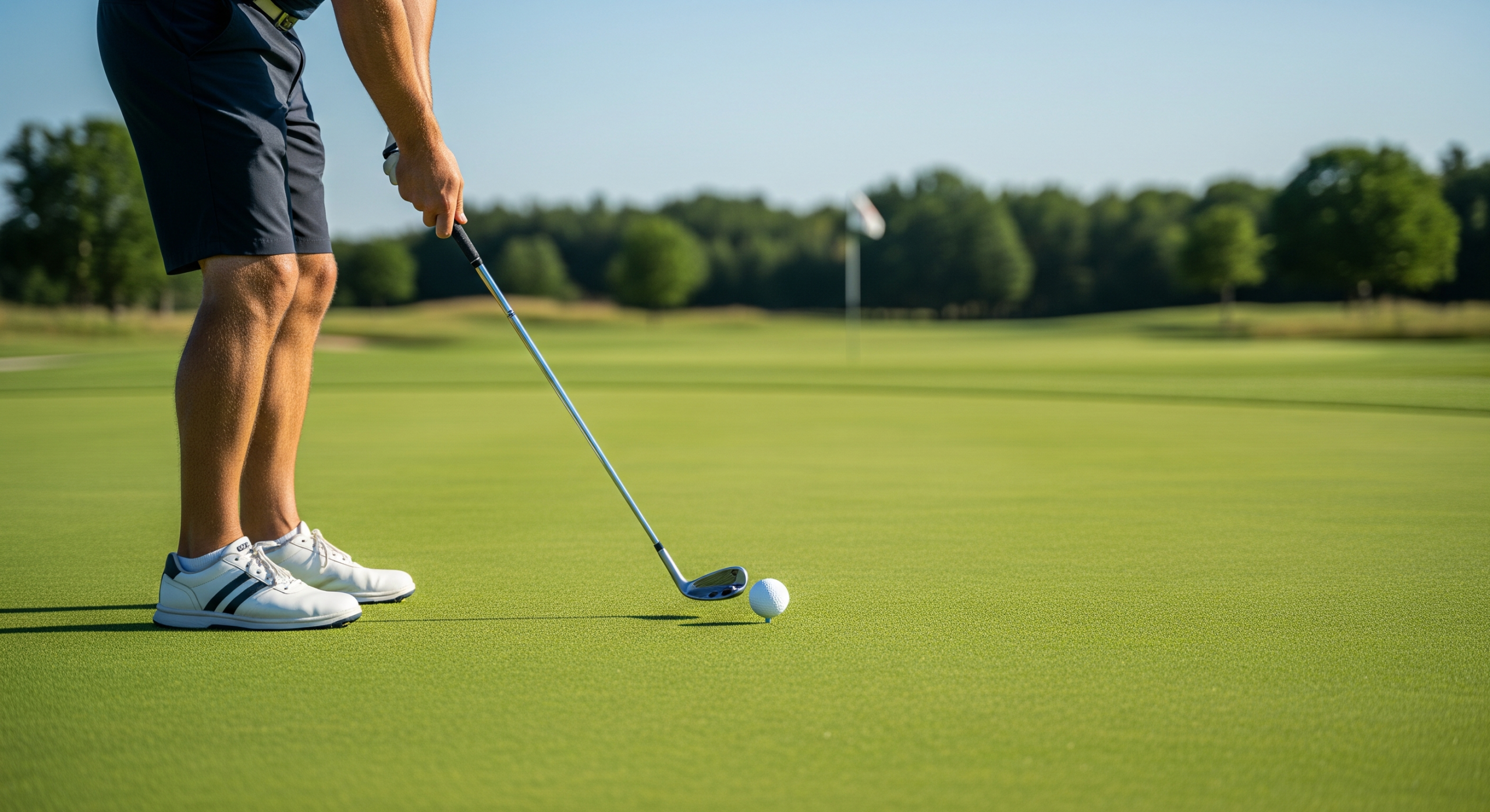 Close-up of golfer setting up putt with proper stance and club position