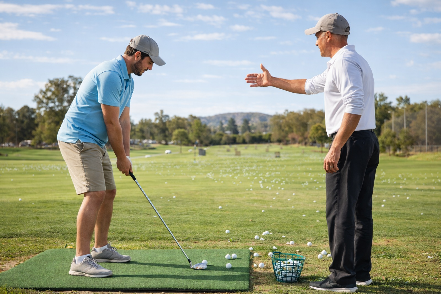 Golf instructor coaching beginner golfer on swing setup at driving range