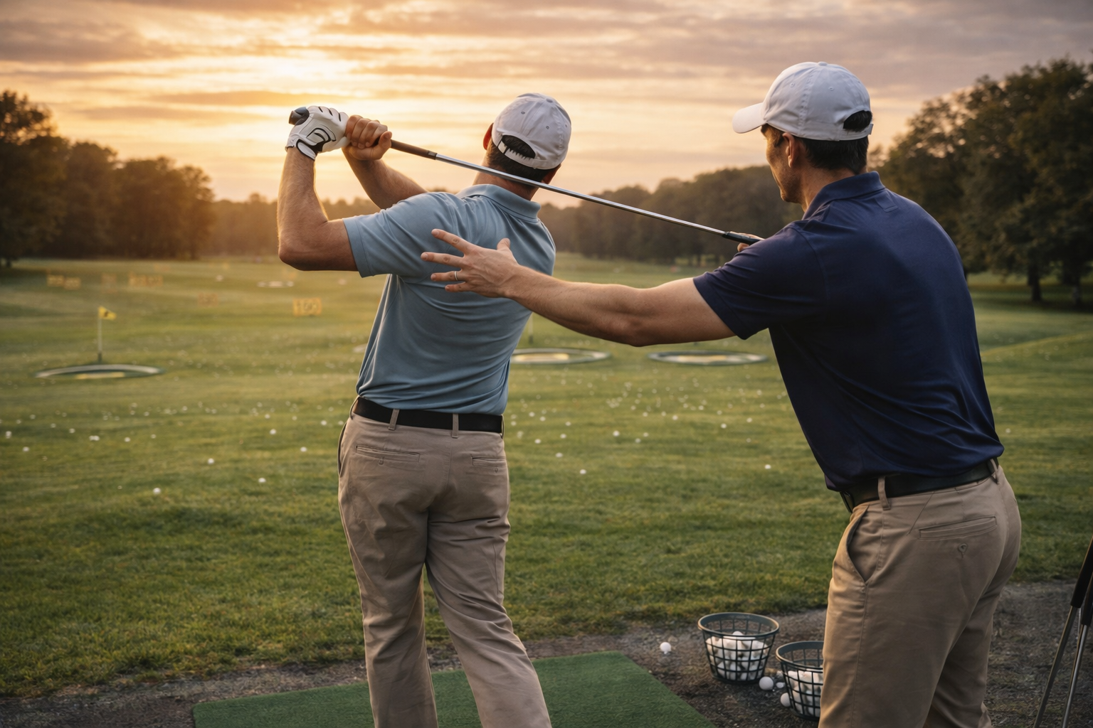 Golfer practicing swing at driving range while instructor watches