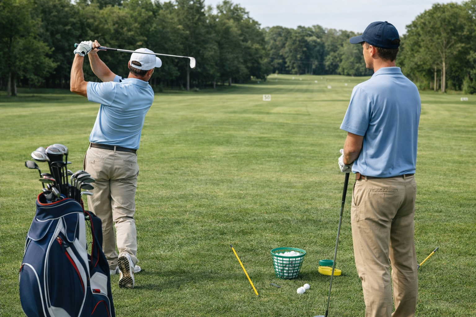 Golf instructor demonstrating swing while student observes at practice range