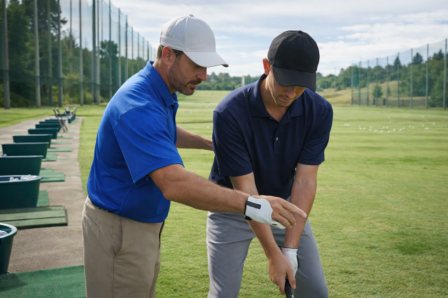 Golf instructor adjusting student swing mechanics during lesson at driving range