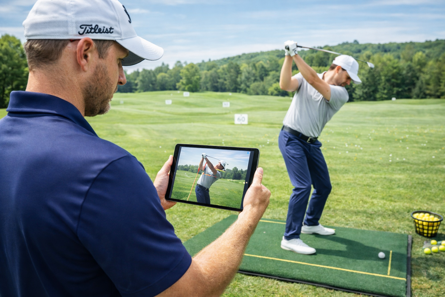 Golf training aids, clubs, and alignment sticks on driving range grass