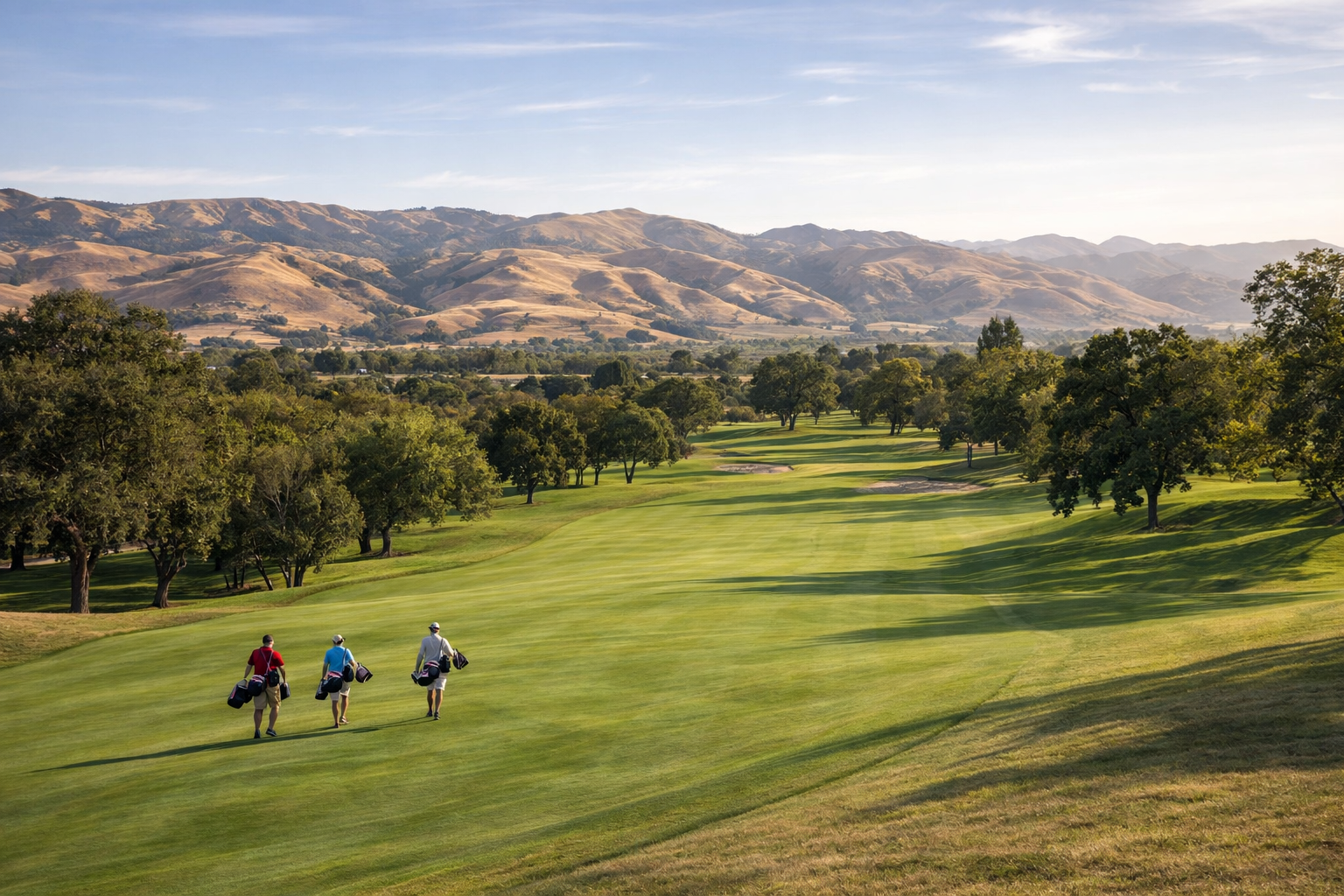 Wide view of Northern California golf course fairway with rolling hills