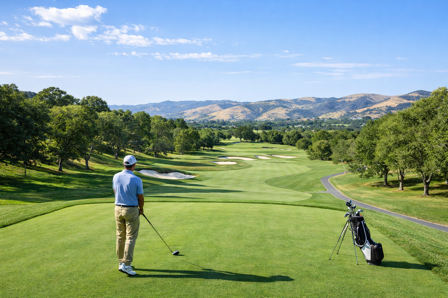 Golfer preparing for tee shot on scenic Northern California golf course with mountain views