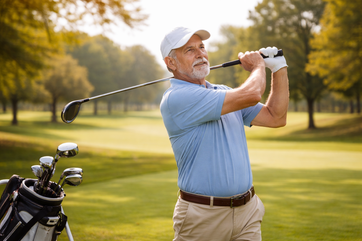 Golfer crouching to read the green before putting during round of golf