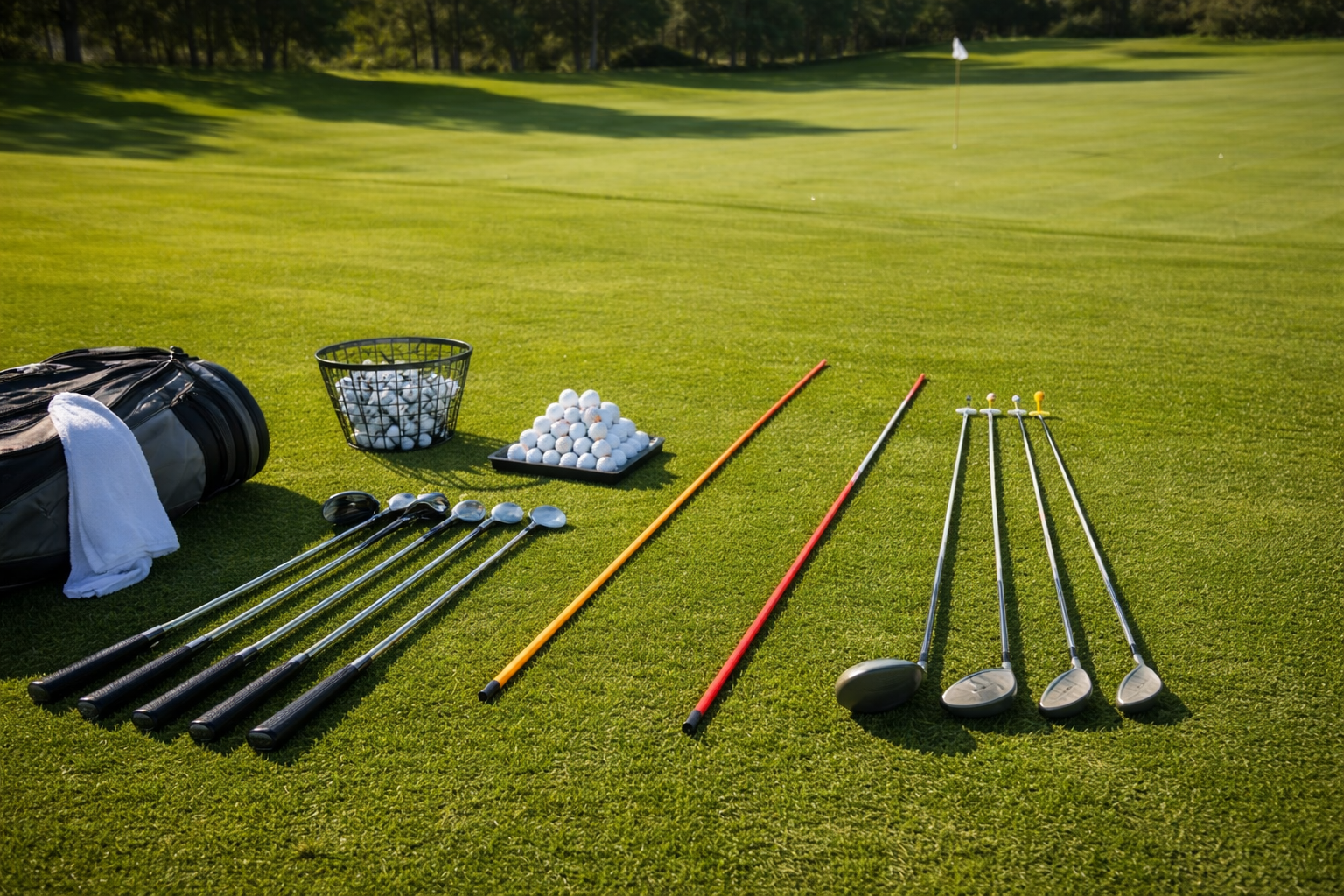 Senior golfer practicing golf swing on course with golf bag nearby