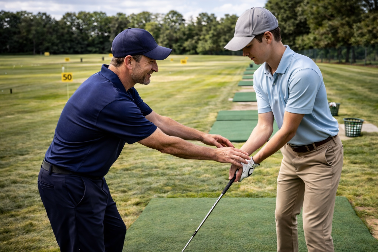 Golf instructor adjusting student grip and swing mechanics