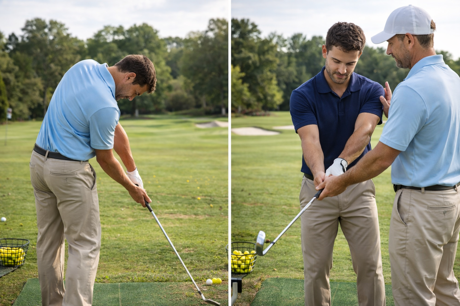 Golf instructor correcting student swing posture side by side comparison