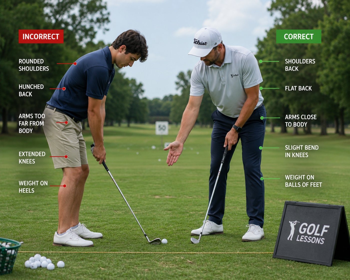 Golf instructor comparing incorrect and correct golf posture during lesson