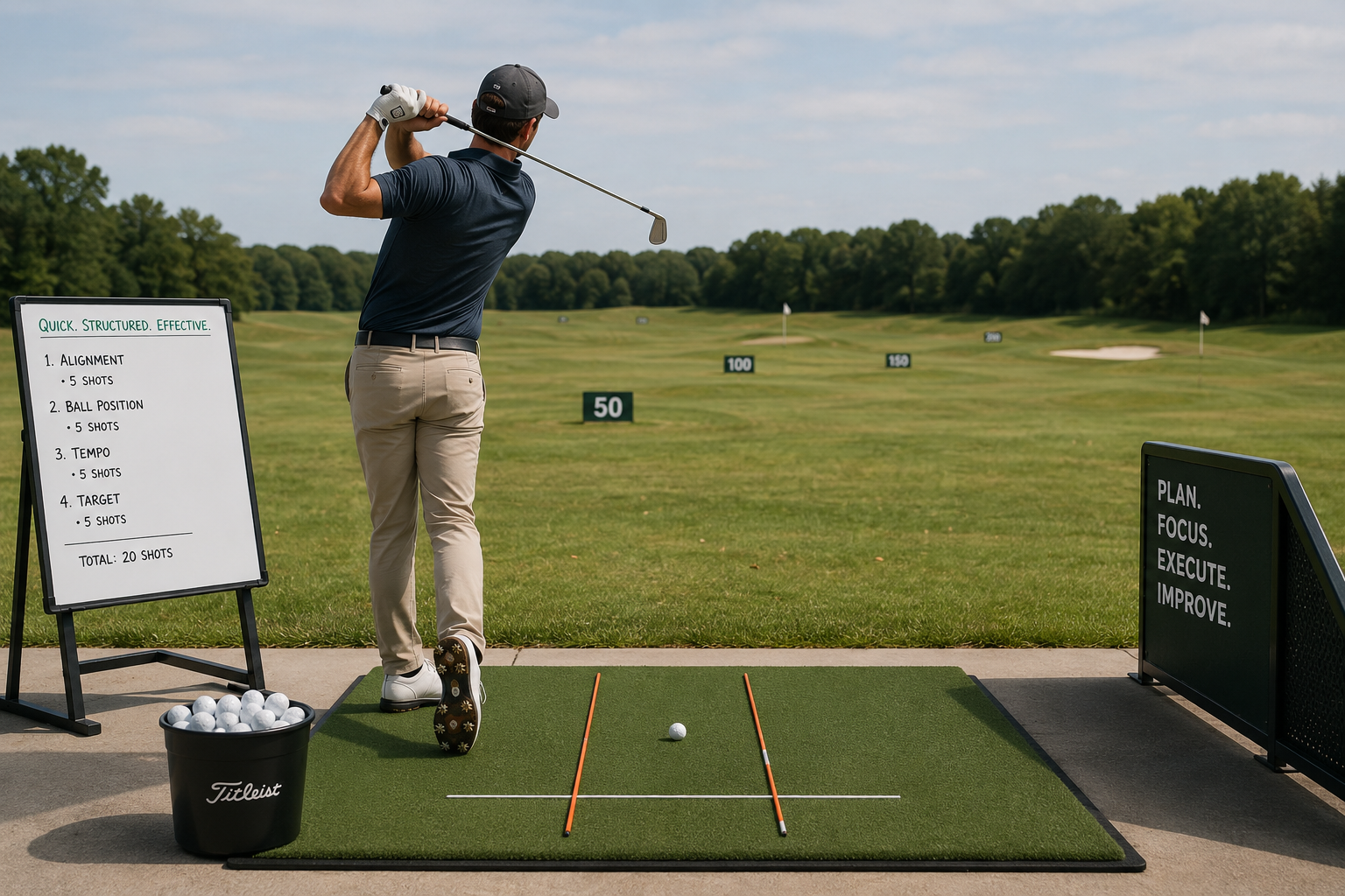 Golfer practicing structured swing drills and alignment routine at driving range