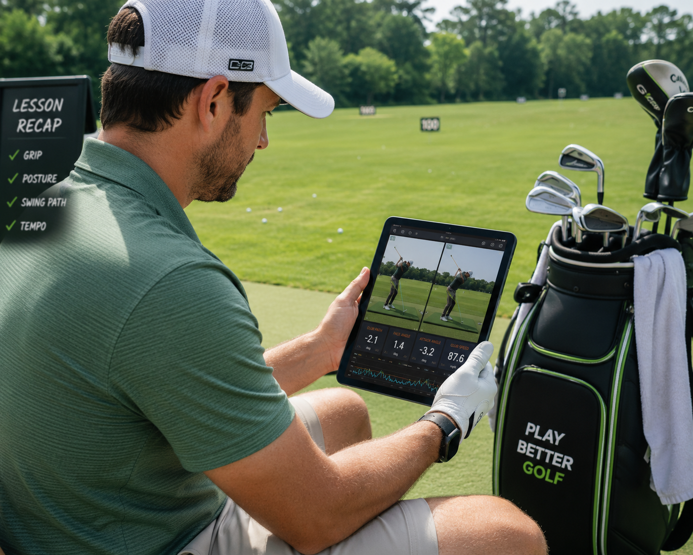 Golfer reviewing digital swing analysis and performance metrics on tablet