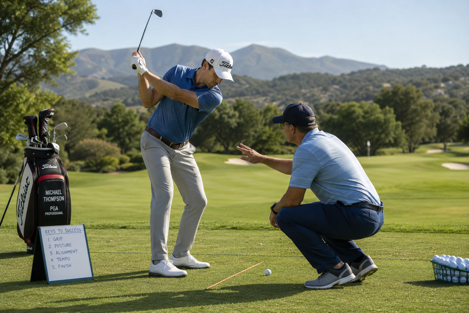Golf coach providing swing feedback during one-on-one instruction session