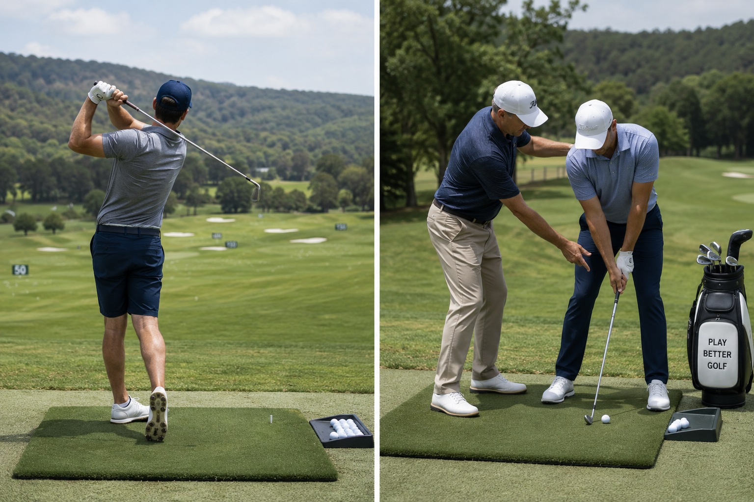 Golf coach teaching proper swing mechanics and follow-through on driving range