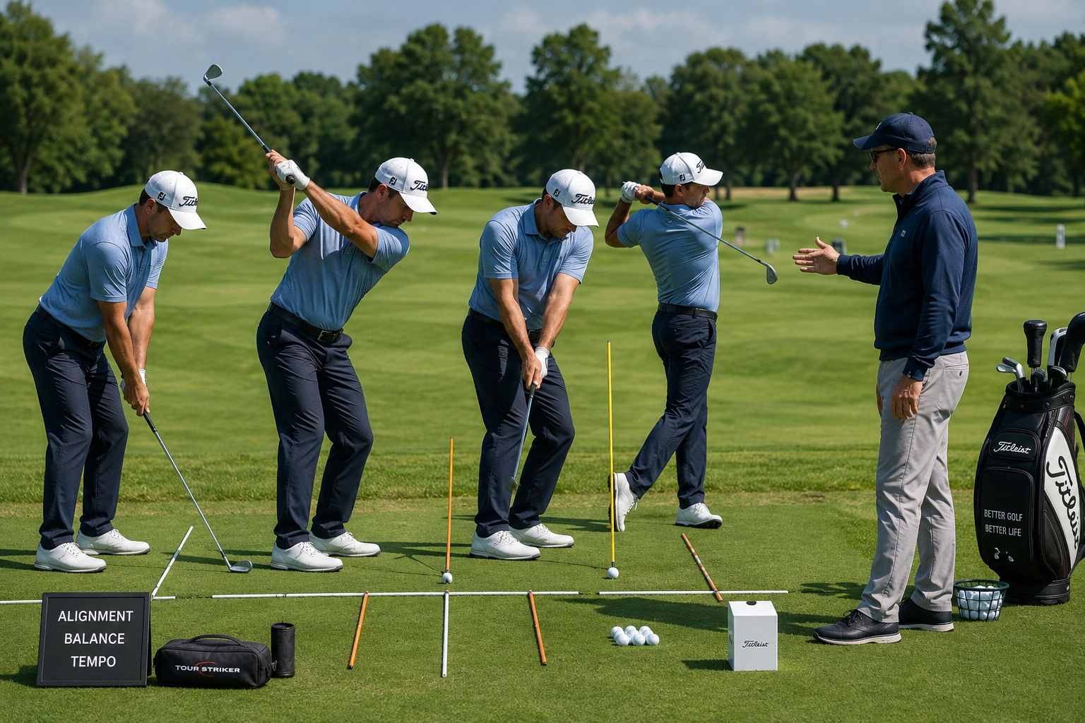 Golf instructor demonstrating swing sequence positions during a professional lesson