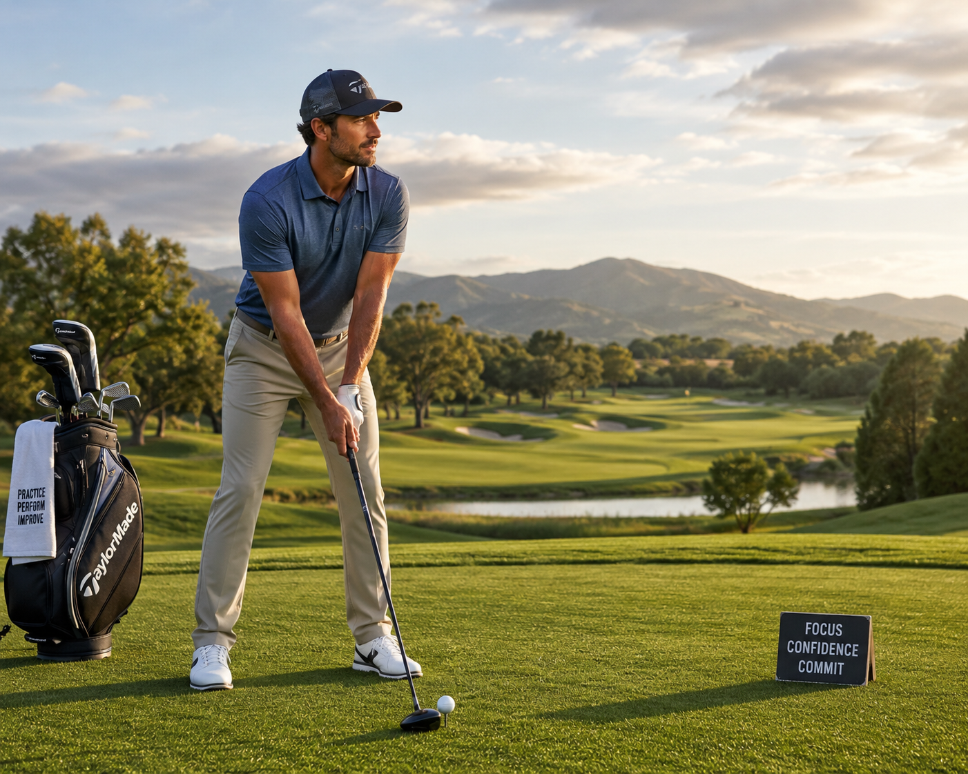 Golfer preparing for tee shot with focus and confidence at scenic golf course