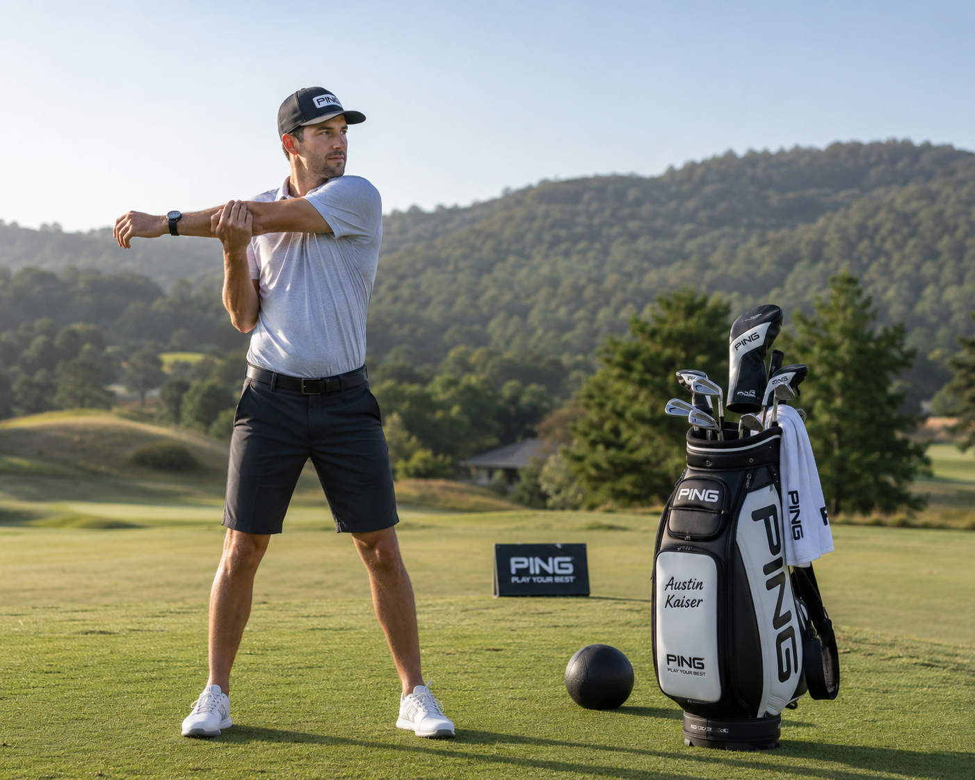 Golfer performing warmup stretch before practice session on golf course