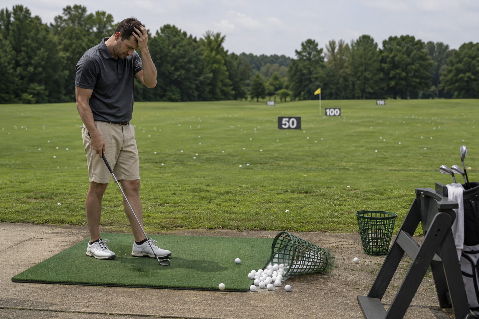 Golfer frustrated during driving range practice session after inconsistent shots